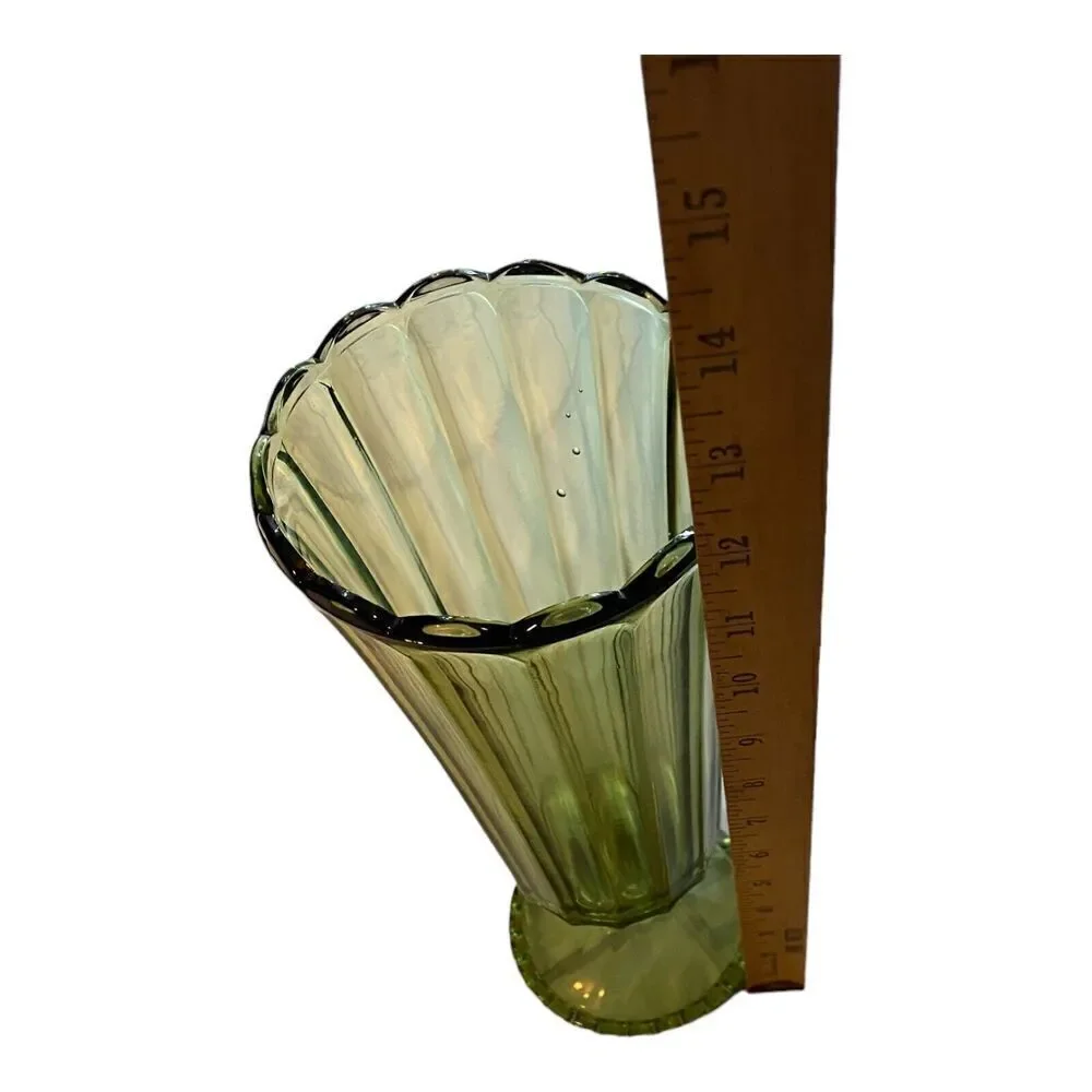 Vintage green glass Pedestal Vause vertical line scalloped base edge MCM